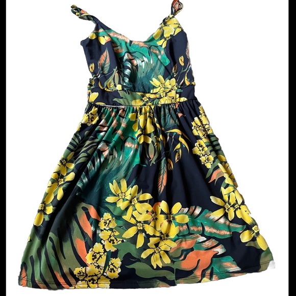 Navy, yellow, coral teal and green‎ Fitwell floral dress in size medium - Picture 1 of 7